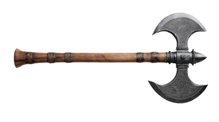 Detailed double bladed axe with intricate engravings and wood handle isolated on transparent background