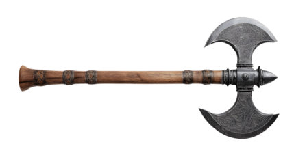 Detailed double bladed axe with intricate engravings and wood handle isolated on transparent background