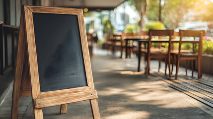 Chalkboard Menu Sign in a Cozy Outdoor Cafe with Warm Lighting and Wood Furnishings
