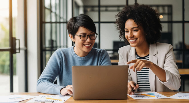 Two smiling business people collaborate on a laptop in a modern office, showcasing teamwork and communication