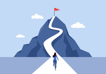 Success mountain, goal achievement concept vector illustration. Business woman character running to success.