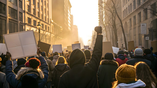 Demonstrators marching with signs in peaceful street protest