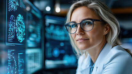 Innovative scientist in lab analyzing data on digital screens with focus and determination