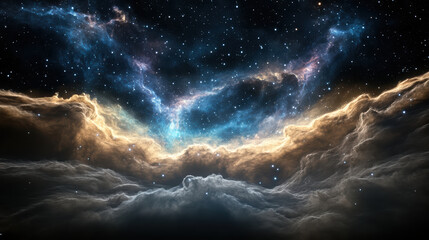 Fototapeta premium Majestic cosmic clouds illuminated by vibrant colors, showcasing stunning nebula in deep space