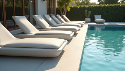 Fototapeta premium Row of Modern Poolside Sun Loungers