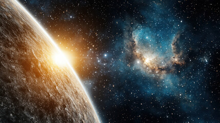 Obraz premium Stunning view of planet illuminated by distant sun, surrounded by vast starry sky and colorful