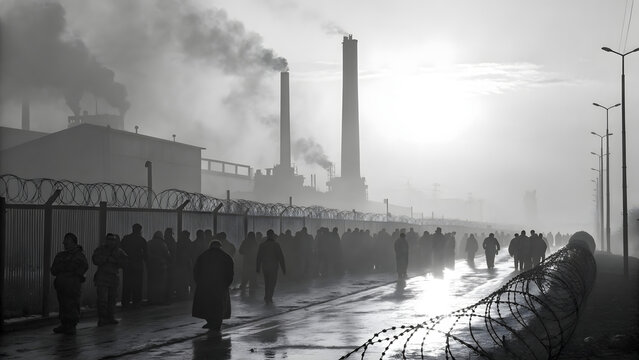 Labor strike scene with smoke in distance