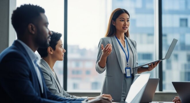 Photo of an asian businesswoman leads a presentation in a modern office, engaging with her team during a corporate meeting