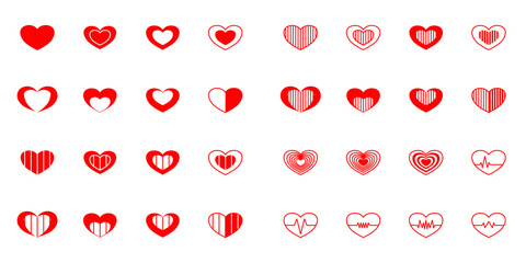 Red Heart Icons Set with Modern and Geometric Designs. Collection of 16 red heart icons in various styles including filled, outlined, striped, layered, heartbeat, and geometric designs.