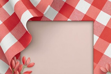 Red  white checkered tablecloth framing a blank light peach backdrop accented with red leaves at the bottom left