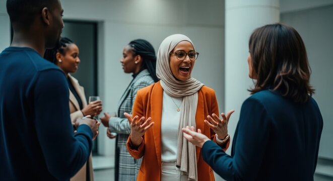 Photo of a diverse group of business professionals are engaged in a lively conversation during a corporate event, fostering collaboration and networking opportunities