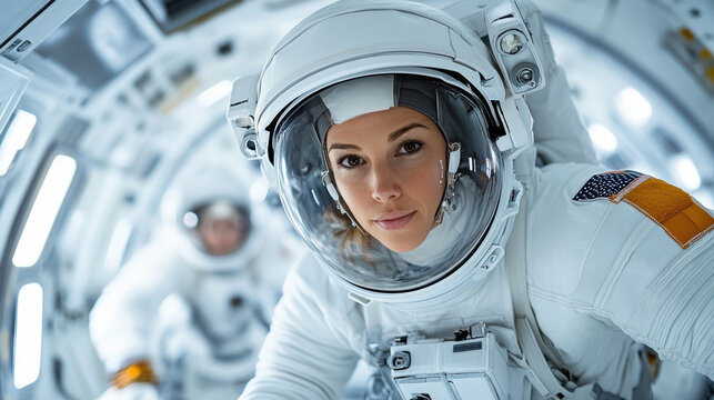 Female astronaut floating in spacecraft, showcasing determination and exploration spirit