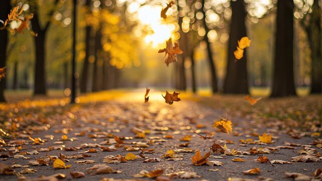 Peaceful Fall Scene with Golden Leaves Gently Falling in a Quiet Park