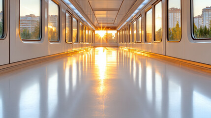 Golden sunlight streaming through train windows creates serene atmosphere in empty corridor