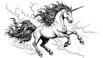 Majestic unicorn in a dynamic pose against a backdrop of swirling clouds and lightning.