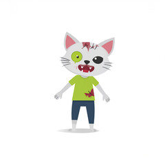 Obraz premium Cute zombie cat character with torn green shirt and blue pants stands with playful yet eerie expression, featuring green eye and stitched wounds on its head