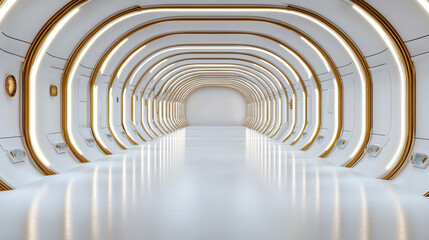 Naklejka premium Large curved corridor with futuristic design and glowing lights creates immersive atmosphere