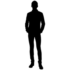 Black silhouette of a man standing with hands in pockets