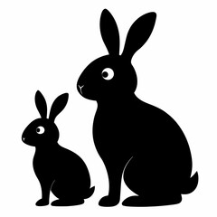 Two black rabbits sitting silhouettes white background