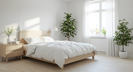 Serene Bedroom Interior A Minimalist Retreat with Natural Light and Green Accents for Relaxation and Peaceful Slumber