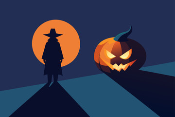 Jack o lantern casting silhouette of flying witch