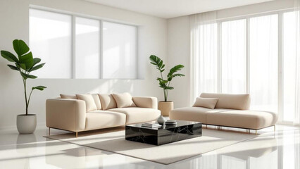 Contemporary Living Area with Beige Sectional Sofa and Large Windows