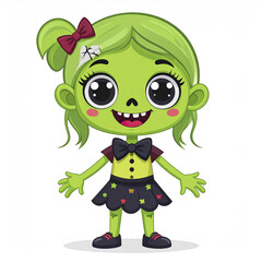 Cute green zombie girl with big eyes and cheerful smile wearing black skirt with colorful stars and bow tie, standing happily on white background