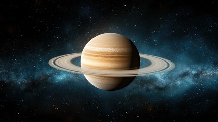 Naklejka premium Stunning view of planet with rings deep space, showcasing its majestic beauty and cosmic