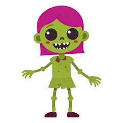 Cute green zombie character with bright pink hair, big black eyes, and toothy smile wearing torn shirt and shorts, standing with arms open on white background