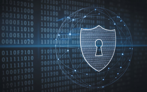 Internet security concept with blue binary code digital network and futuristic computer technology design