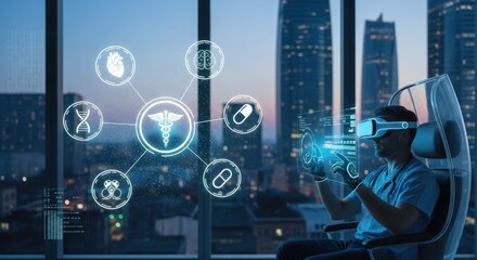 Remote Health Solutions concept. Futuristic healthcare technology with a person using VR in an urban setting.