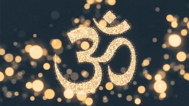 Om Symbol: A luminous Om symbol, radiating a sense of serenity and spiritual depth, floats against a backdrop of softly glowing bokeh lights.