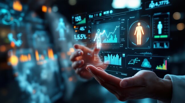 Remote Health Solutions concept. Futuristic healthcare data interface in hands.