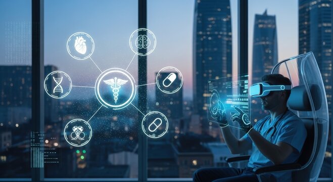 Remote Health Solutions concept. Futuristic healthcare technology with a person using VR in an urban setting.