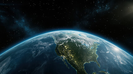 Fototapeta premium Earth view from space, showcasing North America illuminated at night, with stars in background