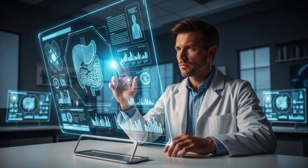 Remote Health Solutions concept. Innovative doctor analyzing data on a futuristic touchscreen interface.