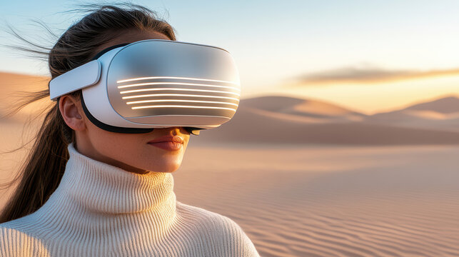 Virtual reality headset woman desert sunset technology immersive experience futuristic sand - Powered by Adobe