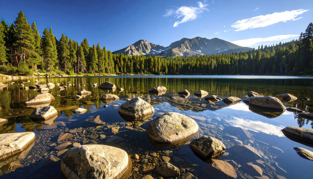 Calm mountain lake with clear water and large boulders in shallow shore, surrounded by dense pine forest under bright blue sky with scattered clouds - Powered by Adobe