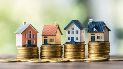 Small colorful model houses on stacked coins representing real estate investment property rental and finances