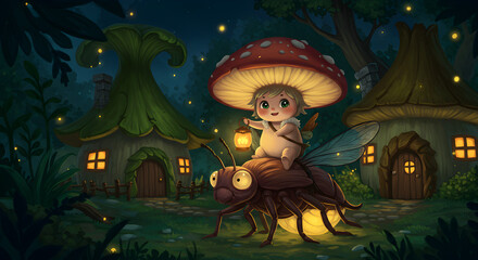 Fototapeta premium Enchanted mushroom house glowing at night in magical forest landscape with soft lighting