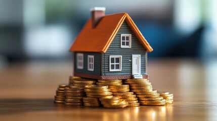 Small detailed model house with orange roof and white sitting on a pile of coins indoors