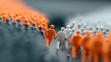 3D figures push toward shared goal in unified composition, symbolizing leadership, teamwork, and collective ambition through a dynamic, conceptual digital metaphor