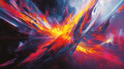 A high-energy abstract scene with bright, glowing streaks of red, yellow, and blue cutting through sharp angles and edges, creating a powerful visual effect