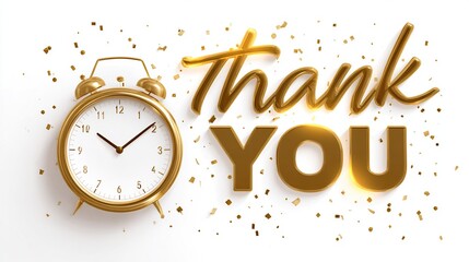 Golden 'Thank You' beside golden clock and confetti on white background
