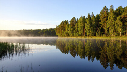 Fototapeta premium Early morning mist rises over calm lake reflecting tall green trees along shore, creating peaceful and serene natural landscape with clear blue sky above