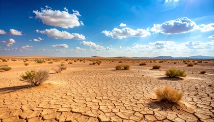 Paisaje des&eacute;rtico con cielo azul brillante y nubes esponjosas, suelo agrietado de textura seca y c&aacute;lida