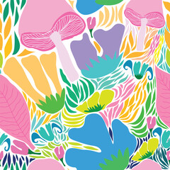 Pastel seamless pattern featuring mushrooms in a flower garden. Soft and whimsical botanical design perfect for textiles, wallpaper, wrapping paper, children’s decor, and nature-inspired projects.
