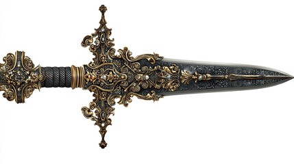 Intricately detailed dagger, featuring ornate, gilded metalwork, sparkling accents, against a white backdrop