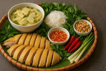 Bún măng vịt- Vietnamese traditional food-sliced boiled duck with golden skin, a bowl of bamboo shoot soup with green onions, fresh white rice vermicelli noodles
