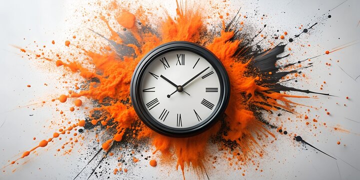 Explosion of orange powder surrounding a classic oval clock